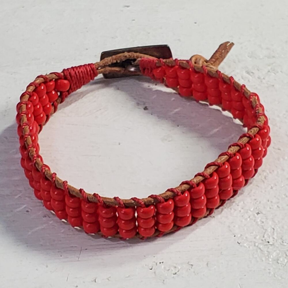 Vintage Bracelet Native Tribal Red Beaded 7.5 Inch